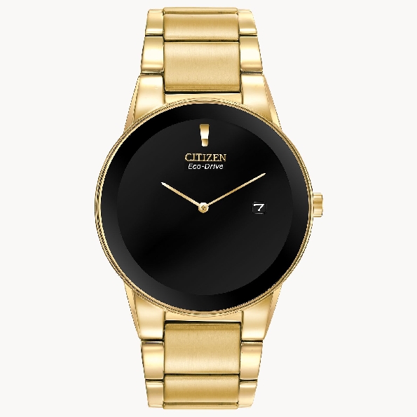 Stainless Steel with Yellow Ion Plating; 40mm Case; Edge-to-Edge Mineral Crystal with Black Rim; Black Dial; Date Feature; Stainless Steel with Yellow Ion Plating Link Bracelet from the Axion Collection by Citizen Eco-Drive - AU1062-56E