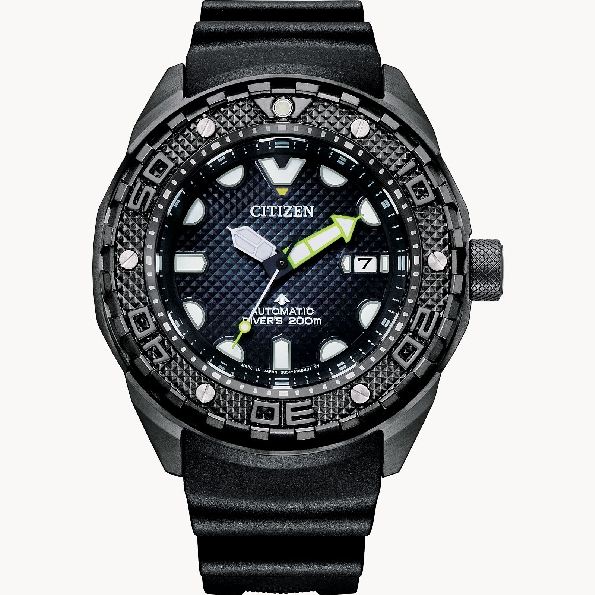 Super Titanium™ Case with Duratect DLC Coating; Rotating 46mm Bezel Pyramid Stud Design; Automatic Self-winding Movement; Anti-reflective Dual-sphere Sapphire Crystal; Dark Blue Dial with Luminous Hands and Markers; Black Polyurethane Strap; Extender