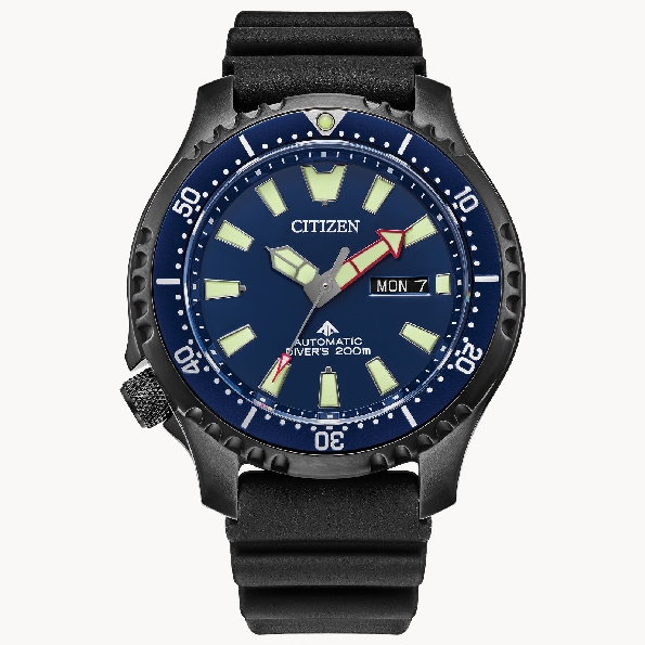 Stainless Steel with Black Ion Plating; 44mm Serrated Bezel Case; Automatic Self-winding Movement; Anti-reflective Sapphire Crystal; Black Polyurethane Strap; Dark Blue Rotating Bezel with Easy Grip Aluminum Ring; Dark Blue Dial with Luminous Hands a