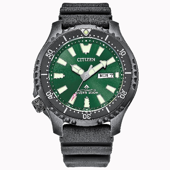 Stainless Steel with Black Ion Plating; 44mm Serrated Bezel Case; Automatic Self-winding Movement; Anti-reflective Sapphire Crystal; Black Polyurethane Strap; Black Rotating Bezel; Green Dial with Luminous Hands and Markers; Engraving Caseback of a P
