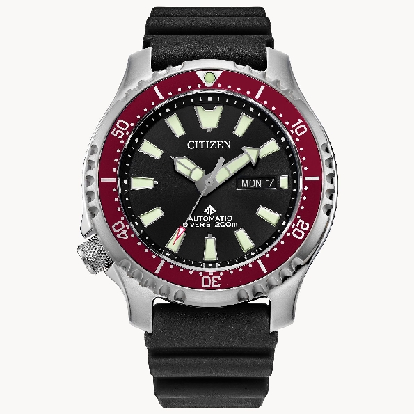 Stainless Steel 44mm Serrated Bezel Case; Automatic Self-winding Movement; Anti-reflective Sapphire Crystal; Black Polyurethane Strap; Red Rotating Bezel; Black Dial with Luminous Hands and Markers; Engraving Caseback of a Pufferfish; ISO Complient; 