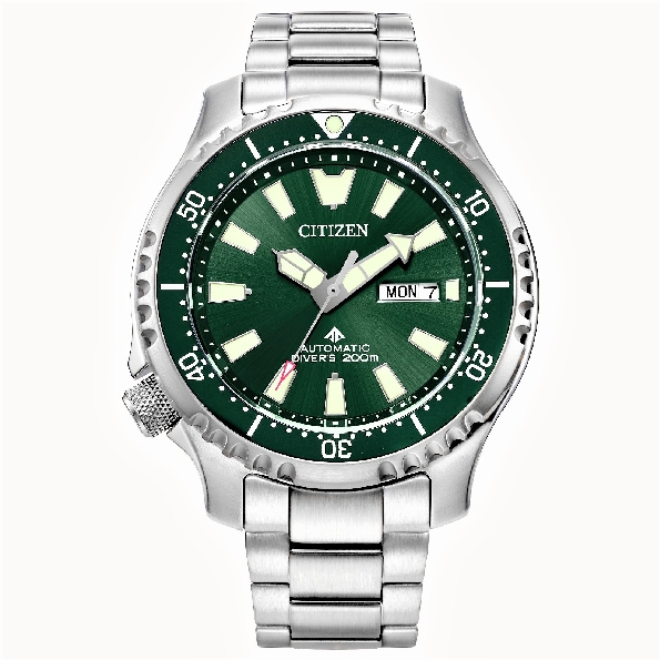 Stainless Steel 44mm Case; Automatic Self-winding Movement; Sapphire Crystal; Black Polyurethane Strap; Green Rotating Bezel; Green Dial with Luminous Hands and Markers; Engraving Caseback of a Pufferfish; ISO Complient; Caliber 8204; Screw-down Crow