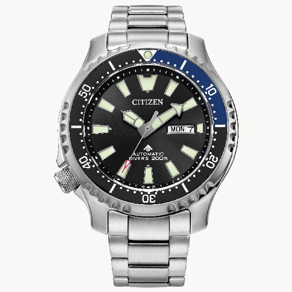 Stainless Steel 44mm Case; Automatic Self-winding Movement; Sapphire Crystal; Stainless Steel Link Bracelet; Black and Blue Rotating Bezel with Easy Grip Aluminum Ring; Black Dial with Luminous Hands and Markers; Engraving Caseback of a Pufferfish; I