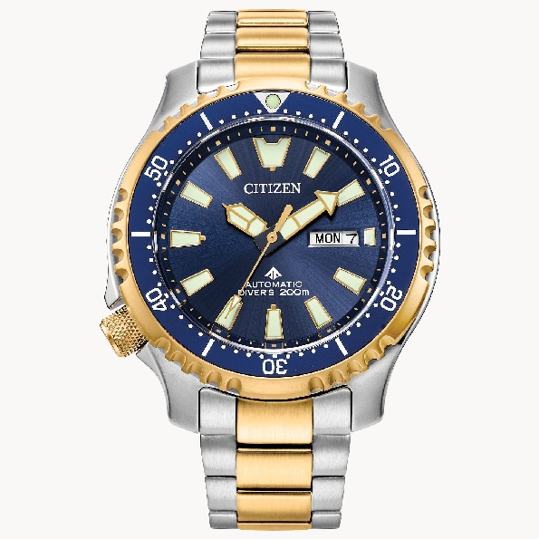 Stainless Steel Two-tone 44mm Case; Automatic Self-winding Movement; Sapphire Crystal; Stainless Steel Two-tone Link Bracelet; Dark Blue Rotating Bezel with Easy Grip Aluminum Ring; Black Dial with Luminous Hands and Markers; Engraving Caseback of a 