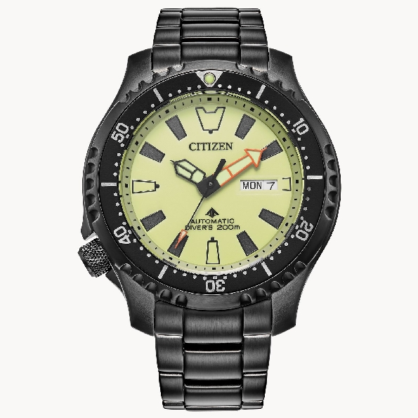 Stainless Steel with Black Ion Plating; 44mm Serrated Bezel Case; Automatic Self-winding Movement; Anti-reflective Sapphire Crystal; Black Ion Plated Link Strap; Black Rotating Bezel with Black Easy Grip Aluminum Ring; Fully Luminous Dial and Hands a