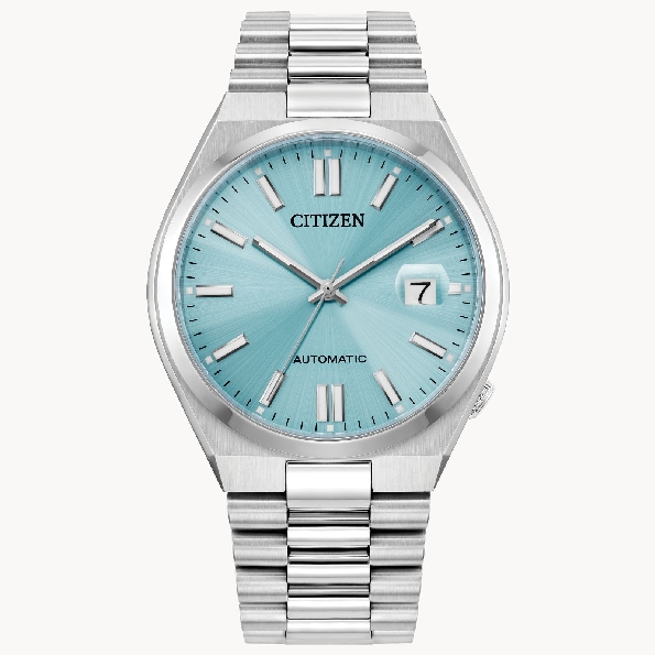 Stainless Steel 40mm Case; 8210 Automatic Movement; Anti-reflective Sapphire Crystal; Sunray Aqua Dial; Magnified Date Window; Silver Markers and Hands from the Tsuyosa Collection NJ0151-53M by Citizen