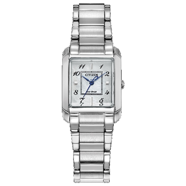 Stainless Steel with 22mm Curved Rectangle Case; B035 Movement; Mother-of-Pearl Dial; Silver Markers; Blue Hands; Stainless Steel Strap with from the Citizen L Bianca Collection by Citizen Eco-Drive Watch - Style EW5600-52D