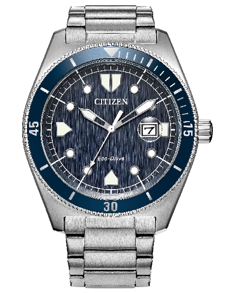 Stainless Steel 43mm Case; J810 Movement; Mineral Crystal; Lume Filled Hour Markers on Deep Blue Dial; 60-minute Unidirectional Bezel; Date Display; Triple Link Stainless Steel Bracelet with Deployment Clasp from the Terra Force Collection by Citizen