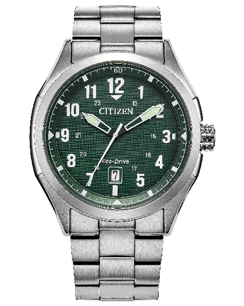 Stainless Steel 41.2mm Case; Mineral Crystal; White Bold Arabic Numbers with Green Dial; Date Feature; Stainless Steel Link Bracelet with Deployment Clasp from the Terra Force Collection by Citizen Eco-Drive Watch - Style AW1890-51X