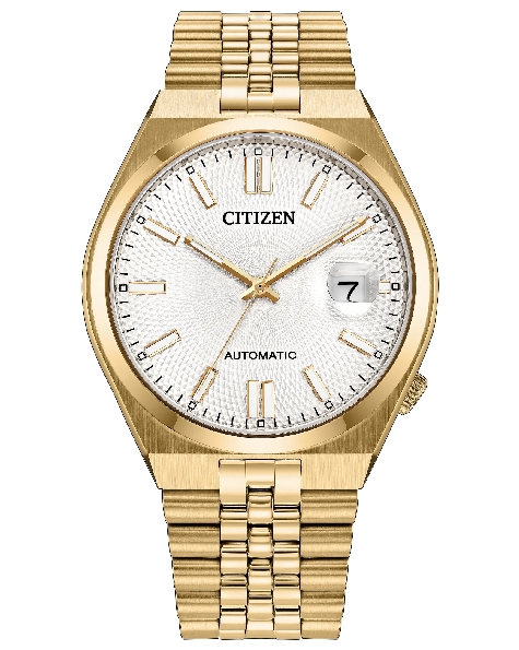 Stainless Steel with Yellow Gold Ion Finish 40mm Case; 8310 Automatic Movement; Anti-reflective Sapphire Crystal; Textured Cream Dial; Magnified Date Window; Gold Markers and Hands from the Tsuyosa 60 Collection NK0022-50A by Citizen
