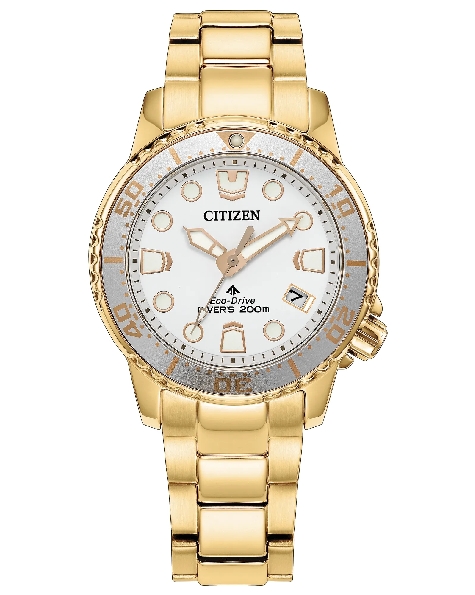 Stainless Steel with Yellow Gold Finish 36.5mm Serrated Bezel Case; Mineral Crystal; White Dial with Large Luminous Hands; Silver Unidirectional Bezel; Four-O clock Date Window; Stainless Steel Yellow Gold Finish Link Strap; Screw-down Crown; Water R