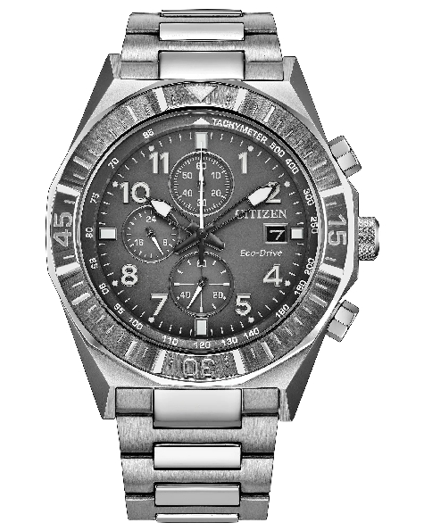 Stainless Steel 42mm Round Case; Chronograph Function; 60-Minute Bezel; Monochromatic Gray Dial; Sapphire Crystal; Date Feature; Stainless Steel Link Bracelet from the Nighthawk Collection - CA0890-54H by Citizen Eco-Drive