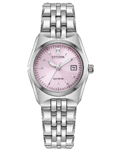 Stainless Steel 27mm Case; E015 Movement; Pink Dial with Silver Accents; Mineral Crystal; Luminous Hands; Stainless Steel Dual Finish Link Bracelet with Fold-over Clasp from the Classic Corso Collection by Citizen Eco-Drive - EW2291-51X