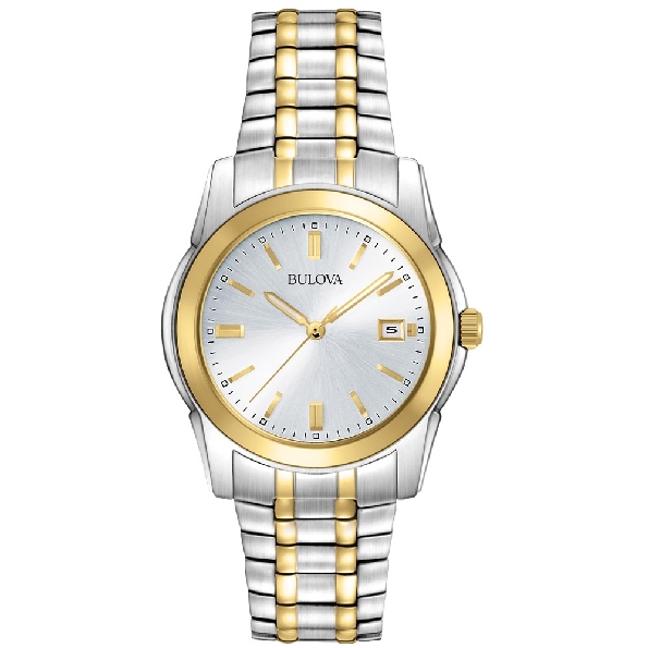 Stainless Steel Two Tone; Silver Dial; Curved Crystal; Calendar Window; Fold-over Clasp from the Classic Collection by Bulova #98H18