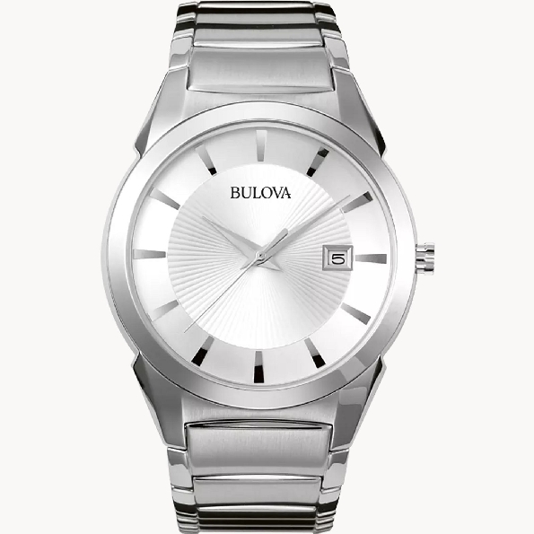 Stainless Steel Round Case; Silver Patterned Dial; Calendar; Domed Crystal and Fold-over Clasp from the Classic Collection by Bulova #96B015