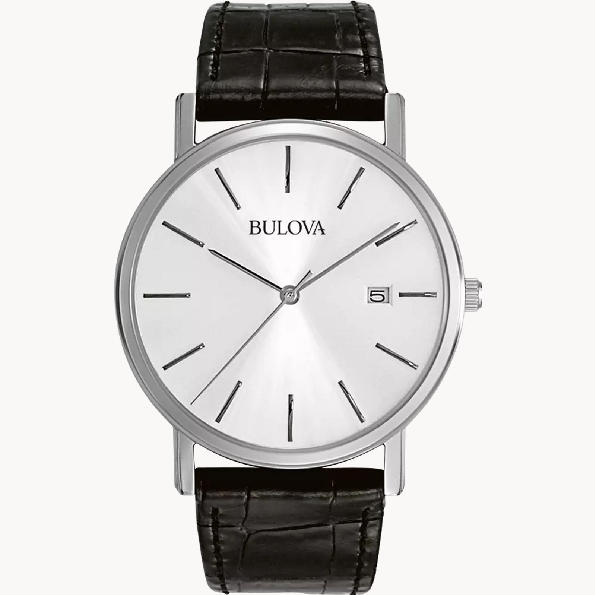 Stainless Steel; Round Silver Dial with Date and Black Leather Strap from the Classic Collection by Bulova #96B104