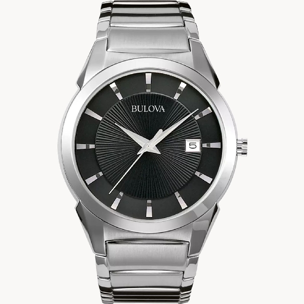 Stainless Steel Round Case; Domed Crystal; Black Patterned Dial; Calendar; Double Fold-over Clasp from the Classic Collection by Bulova #96B149