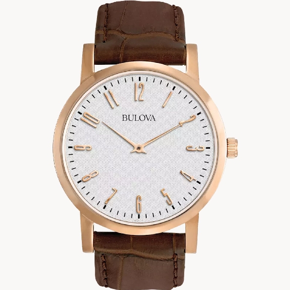 Stainless Steel with Rose Gold Finish; Cream Pattern Dial and Brown Leather Strap from the Classic Collection by Bulova Watch #97A106