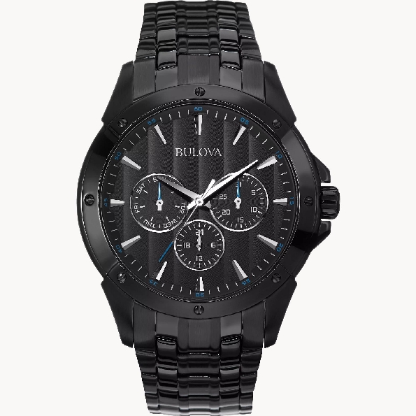 Stainless Steel with Black Ion-plated Finish; Multifunction Design in Patterned Black Dial; Day; Date and 24-hour Sub-Dials from the Classic Collection by Bulova #98C121