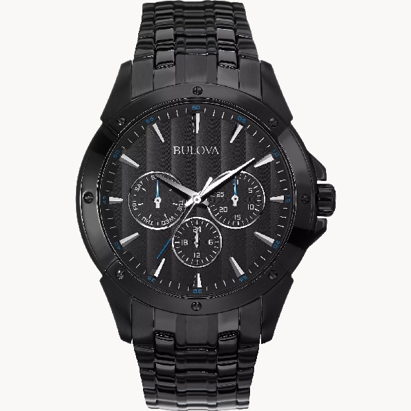 Stainless Steel with Black Ion-plated Finish 43mm Case; Multifunction Design in Patterned Black Dial; Blue Accent Details; Day/Date and 24-hour Sub-Dials; Black Ion Finish Link Bracelet from the Classic Collection by Bulova - Style 98C121