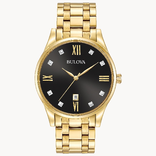 Stainless Steel with Yellow-gold Finish; Eight Diamond Black Dial; Three-hand Calendar; Stainless Steel with Yellow-gold Finish Link Bracelet from the Classic Collection by Bulova Watch #97D108
