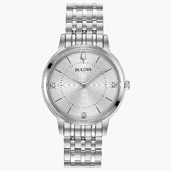 Stainless Steel with Ultra Slim Case; Three Diamonds Individually Hand-set on Silver-white Dial; Mineral Crystal; Stainless Steel Bracelet with Double-press Deployant Closure from the Classic Collection by Bulova #96P183