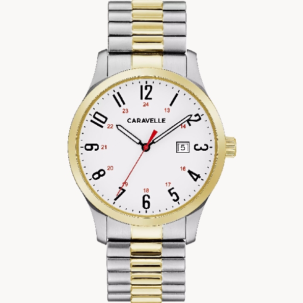 Stainless Steel with Two-tone Finish; Bold 24-hour Design; Three-hand Date Feature on Matte White Dial; Comfort-fit Two-tone Expansion Bracelet Caravelle by Bulova Watch #45B147