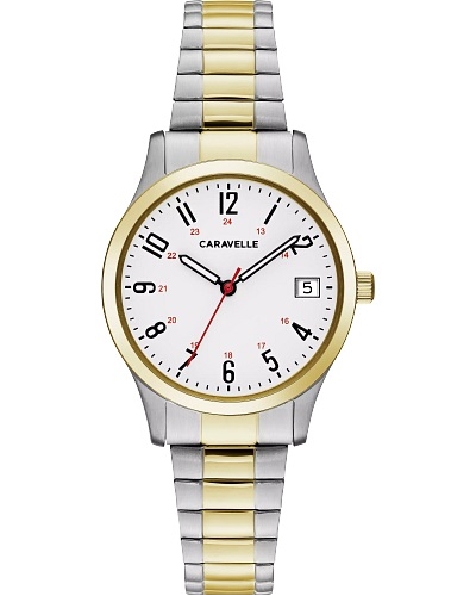 Stainless Steel with Two-tone Finish; Easy-to-Read Numerals with 24-hour Design and Three-Hand Date Feature; and Comfort-fit Two-tone Expansion bracelet Caravelle by Bulova #45M111