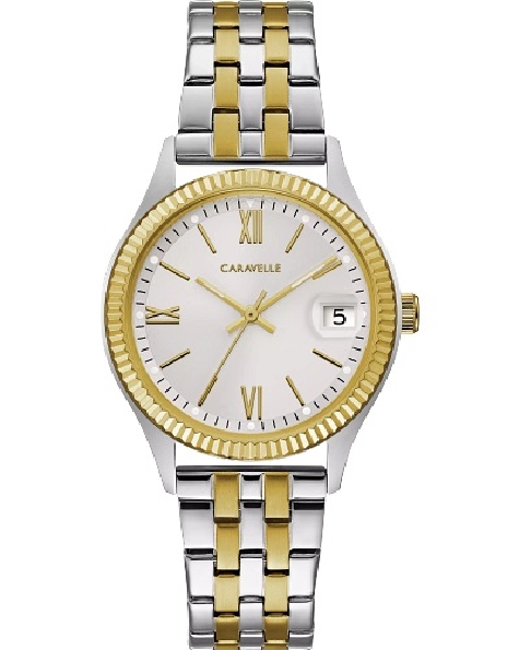 Stainless Steel with Two-tone Finish Case and Bracelet with Graphic Silver-white Dial; Textured Bezel Detail; Date Magnifier and Two-tone Stainless Steel Band from the Caravelle Collection by Bulova #45M112