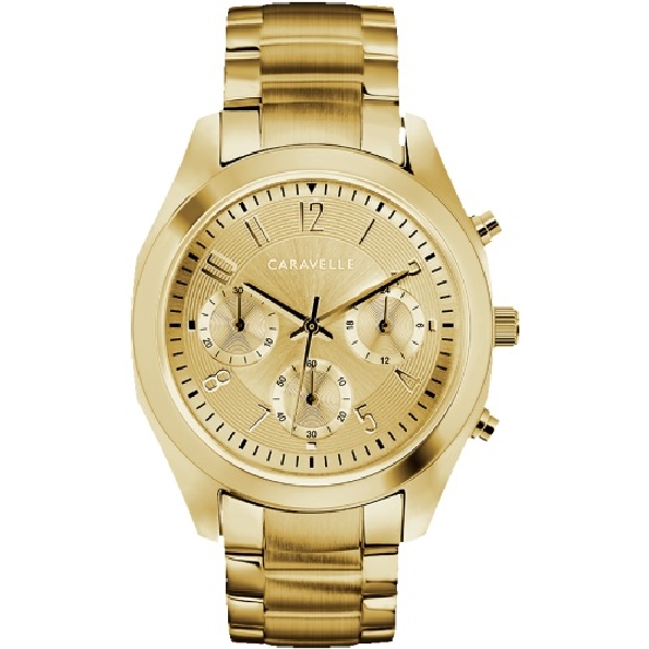 Stainless Steel with Yellow Gold Finish; Patterned Champage Dial; Chronograph Functions; Yellow Gold Finish Link Bracelet with Fold-over Clasp Caravelle Watch #44L238