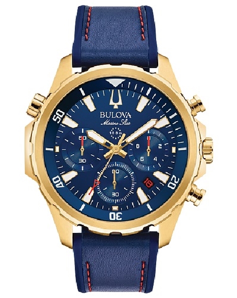 Stainless Steel with Yellow Gold Tone; Six-hand Chronograph Function with Calendar;  Rotating Dial Ring to Measure Elapsed Time;  Blue Dial with Gold-tone Accents; Flat Mineral Crystal; Blue Leather and Silicone Strap with Red Stitch Detail; Water Re