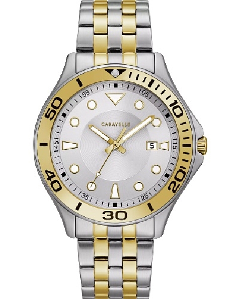 Stainless Steel with Two-tone Case; Decorative Dive-style Bezel; Silver Tone Sunray Dial; Luminous Indexes; Date Feature; Two-tone Finish Stainless Steel Bracelet Caravelle Watch #45B151