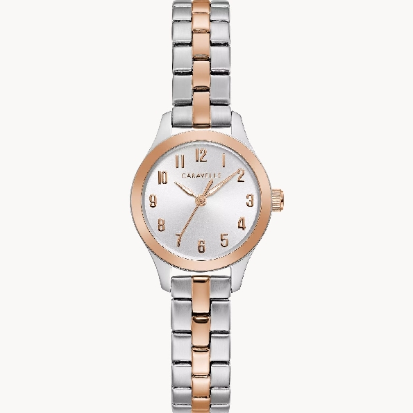 Stainless Steel Rose Two-tone Case; Silver-white Sunray Dial; Alternating Polished and Brushed Two-tone Three-link Bracelet with Jewellers Clasp Closure Caravelle by Bulova #45L175