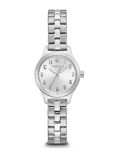 Stainless Steel Case; Silver-white Sunray Dial; Alternating Polished and Brushed Three-link Bracelet with Jewellers Clasp Closure Caravelle by Bulova #43L209