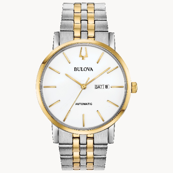 Stainless Steel Two-tone New American Clipper Style; Automatic Self-winding Movement; Open Case Back; White Dial with Gold Markers; Day/Date Feature; Mineral Crystal; Stainless Steel Two-Tone Bracelet with Fold-over Push Closure From the Classic Auto
