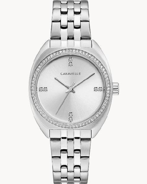 Stainless Steel Round Saddle Case; 80 Crystals; Silver-white Sunray Dial Dial; Stainless Steel Bracelet from the Retro Caravelle Collection by Caravelle #43L214