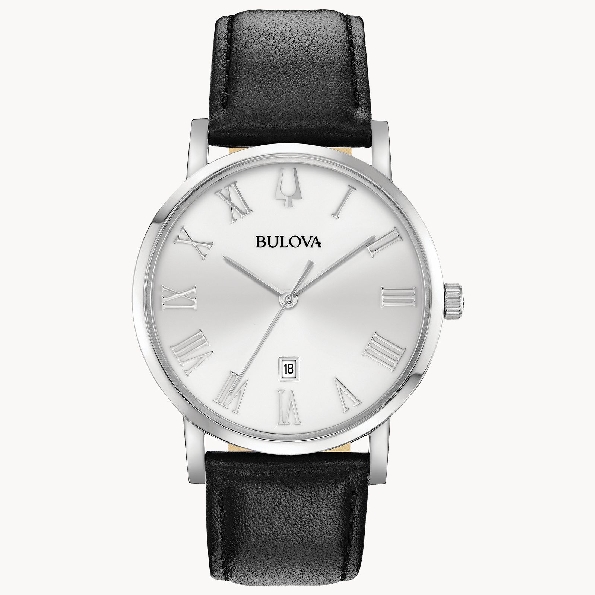 Stainless Steel 40mm Round Case; Silver Dial with Silver Roman Numeral Markers; Smooth Brown Leather Strap From the Classic Collection American Clipper Bulova watch #96B312