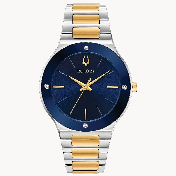 Stainless Steel 43mm with Edge-to-Edge Blue Domed Metalized Crystal; Blue Mother-of-Pearl Dial Featuring Four Diamonds Flush Set on the Crystal and Yellow Gold Tone Accents Futuro Millennia Watch by Bulova #98E117