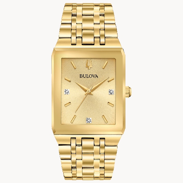 Stainless Steel with Yellow Gold Finish 30mm Rectangle Tank Case; Edge-to-edge Black Faceted Crystal; Champagne Dial with Three Diamonds from the Modern Quadra Collection by Bulova Watch #97D120