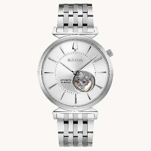 Stainless Steel Slim Casing; Automatic 24-Jewel Self-winding Movement; Open Case Back; Open Aperture Silver-White Dial with Silver Markers; Flat Sapphire Crystal; Crown at 2 O clock; with Unique Angled Lugs From the Regatta Classic Automatic Collecti