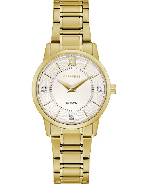 Stainless Steel Yellow-tone 30mm Case; Three Diamonds on Dial  Silver-white Textured Dial; and Stainless Steel Yellow-tone Bracelet with Double-press Fold-over Closure Dress Caravelle by Bulova #44P102