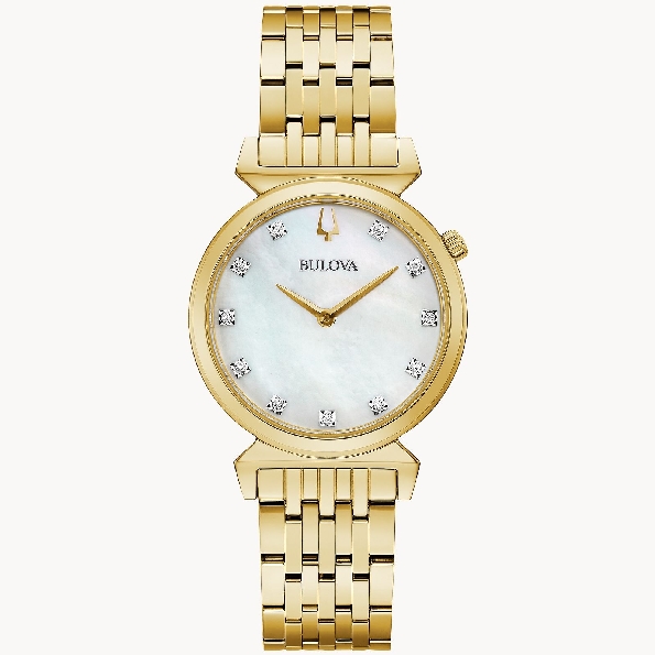 Stainless Steel 30mm Yellow Gold Tone Slim Casing; White Mother-of-Pearl Dial set with 11 Diamonds; Flat Sapphire Crystal; Crown at 2 O Clock; Unique Angled Lugs From the Regatta Classic Collection by Bulova #97P149