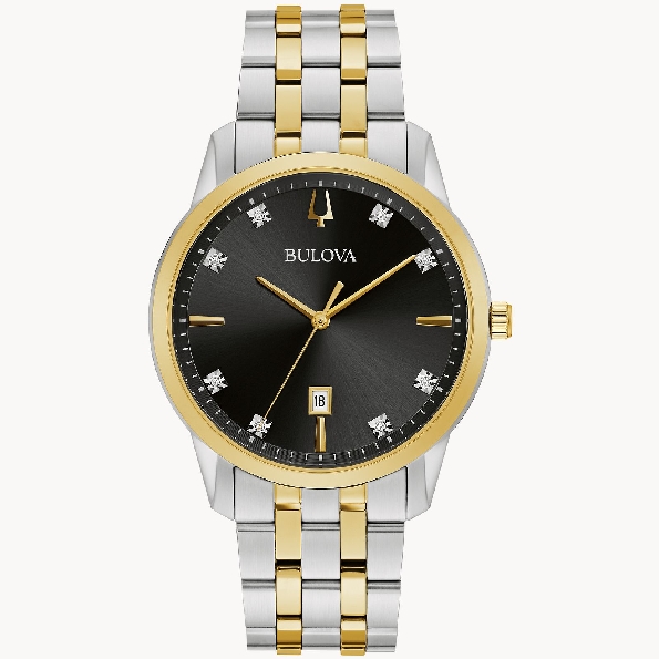 Stainless Steel with Two-Tone Finish Round Case; 8 Diamonds Set on a Black Dial; Date Window and Two-Tone Stainless Steel Link Strap from the Sutton Collection by Bulova #98D165