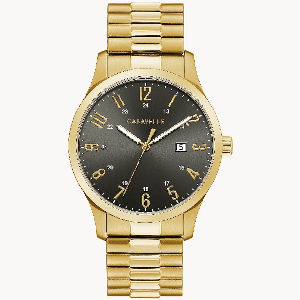 Stainless Steel Yellow Gold Finish Case; Black Dial with Gold Numbers and 24 Hour Feature; Yellow Gold Finish Expansion Strap Caravelle by Bulova #44B126
