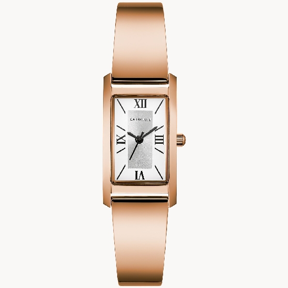 Stainless Steel with Rose Gold Finish; Silver and Cream Rectangle Dial; Bangle Style Bracelet and Jewellers Clasp Dress Caravelle by Bulova Watch #44L264