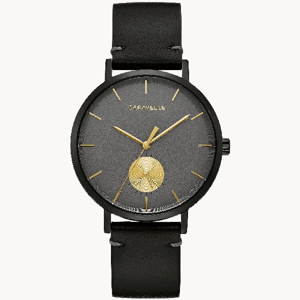Stainless Steel Black Case; Grey Dial with 24 Hour Sub-dial; Mineral Crystal; Gold Accents; Black Leather Strap Min Max Collection Caravelle Watch #44A119
