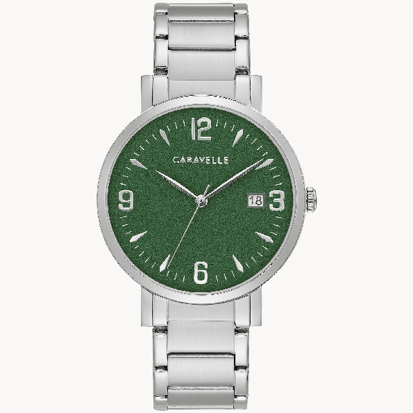 Stainless Steel; Round Vintage Green Dial; Silver Markers  and Domed Crystal with Stainless Steel Bracelet and Fold-over Closure Dress Collection Caravelle by Bulova #43A155