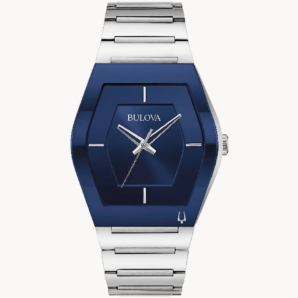 Stainless Steel Tonneau Shape Case and Edge-to-Edge Curved Metalized Crystal; Blue Dial and Stainless Steel Bracelet with Deployant Buckle from the Futuro Collection by Bulova #96A258

