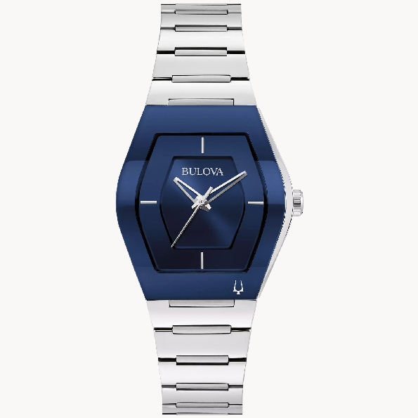 Stainless Steel Tonneau Shape Case and Edge-to-Edge Curved Metalized Crystal; Blue Dial and Stainless Steel Bracelet with Deployant Buckle from the Futuro Collection by Bulova #96L293
