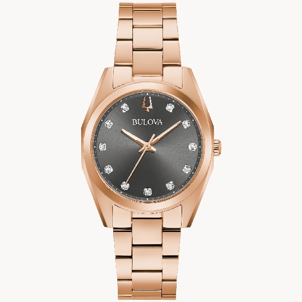 Stainless Steel with Rose Gold Finish; 11 Diamonds Individually Hand-set on Sunray Grey Dial; Flat Mineral Crystal; Rose Gold Stainless Steel Bracelet From the Surveyor Collection by Bulova Watch #97P156